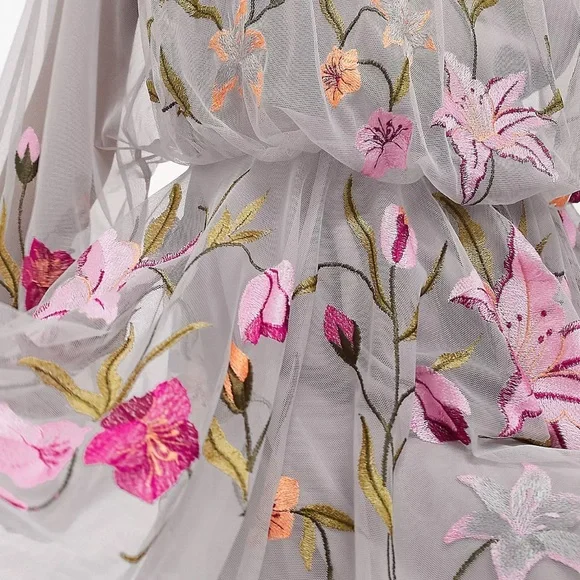 ASOS Edition mesh long sleeve mini dress with floral embroidery in blush - Picture 3 of 4